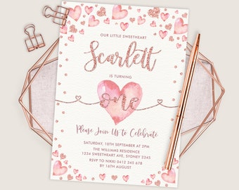 Rose Gold Valentines Sweetheart Birthday Invitation, Watercolor Pink Heart Party Invite, EDITABLE TEMPLATE, Printable Instant Download, VAL7