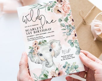 Girl Wild One 1st Birthday Invitation, Elephant Party Invite, Pink Blush Floral Eucalyptus Greenery Printable EDITABLE TEMPLATE, EL21