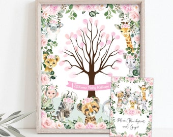 EDITABLE Pink Safari Thumbprint Guestbook, Girl Jungle Fingerprint Tree Printable, Wild Animals Welcome Baby Sign Template Download, JUN16