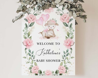 Lamb Girl Baby Shower Welcome Sign, Baby Sheep Birthday Party Decoration, Blush Pink Floral Greenery Wreath EDITABLE TEMPLATE Download, GR8