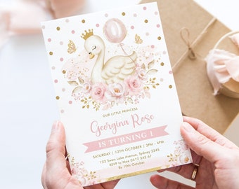 Swan Princess with Balloon Birthday Invitation Template EDITABLE Blush Pink Gold Swan Theme Party Invite Printable Instant Download, SWAN5