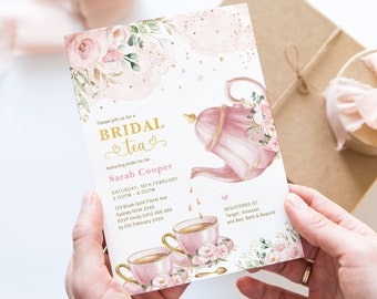 Blush Bridal Shower Tea Party Invitation Love is Brewing Bridal Brunch Invite Pink Gold Floral Floral Printable Editable Template FLO40