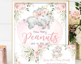 Devinez combien de cacahuètes, jeu de douche de bébé fille éléphant, fard à joues rose fleurs Jungle éléphant jeu imprimable, téléchargement immédiat, EL17