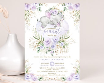 Purple Floral Elephant Baby Shower Invitation, Lavender Gold Twinkle Little Star Invite, Sweet Little Peanut EDITABLE TEMPLATE, EL23