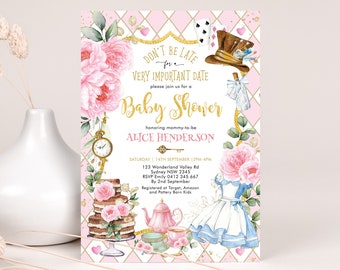 Pink Gold Alice in Wonderland Baby Shower Invitation, Floral Mad Hatter Tea Party Invite, Editable Template Instant Download, AL3