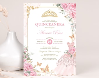 Pink Flowers Quinceañera Invitation, Pink Gold Floral Princess Mis Quince Anos 15th Birthday, EDITABLE Invite Corjl Instant Download, FLO10