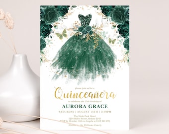 Emerald Green Quinceañera Dress Invitation, Princess Ball Gown Mis Quince 15 Anos Template, 15th Birthday Sweet 16 EDITABLE Invite, FLO17