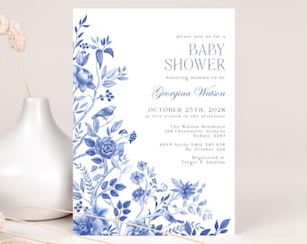 Blue Floral Chinoiserie Baby Shower Invitation, Delft Blue Porcelain Printable Invite, Watercolor Flower Baby Brunch EDITABLE TEMPLATE, BW1