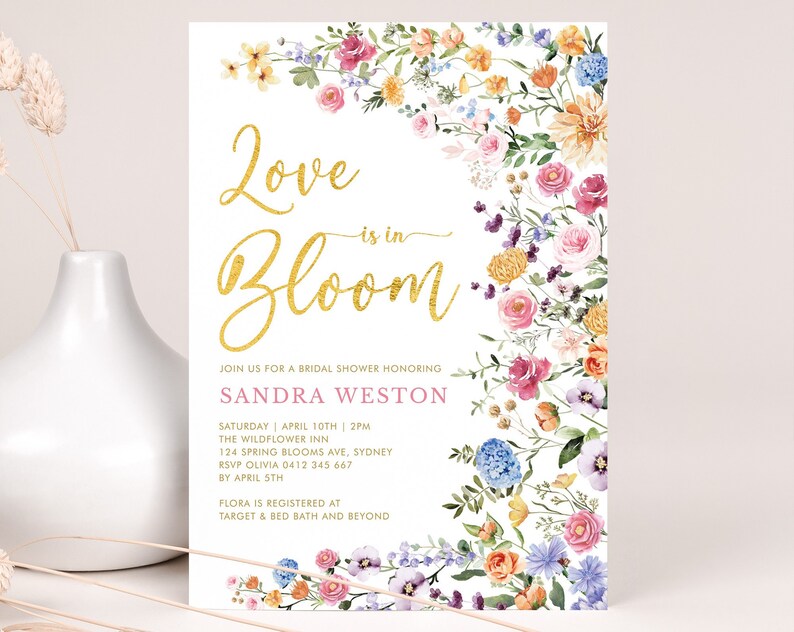 Love is in Bloom Bridal Shower Invitation Wildflower Wedding Shower Invite Colorful Garden Flowers Printable EDITABLE