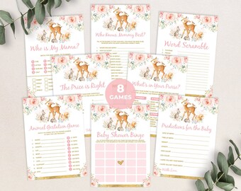 May include: A set of eight printable baby shower games featuring a pink and gold color scheme with a woodland theme. The games include "Who Knows Mommy Best?", "Who is My Mama?", "Word Scramble", "The Price is Right", "What's in Your Purse?", "Animal Gestation Game", "Baby Shower Bingo", and "Predictions for the Baby".