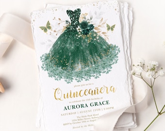 Editable Quinceañera Invitation Emerald Green Princess Mis Quince Anos 15th Birthday Invite Template Sweet 16 Corjl Instant Download, FLO17