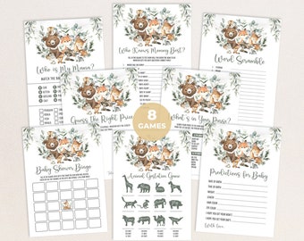 Eucalyptus Woodland Baby Shower Games Printable Forest Animals Greenery Baby Shower Games Bundle Printable Pack INSTANT DOWNLOAD FOR4