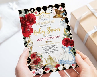 Alice in Wonderland Baby Shower Invitation, Red Flower Baby Brunch Mad Hatter Tea Party Invite Printable Editable Template Download, AL4