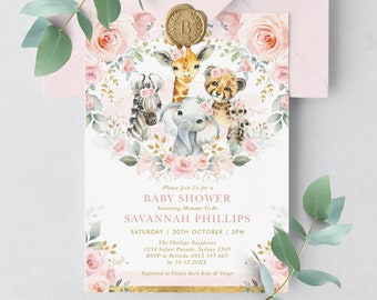Blush Floral Jungle Baby Shower Invitation Wild Animals Safari Girl Baby Sprinkle Printable Invite Pink Gold Greenery EDITABLE TEMPLATE SAF8