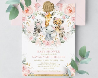 Peut inclure: Invitation de fête prénatale rose et or avec une couronne de fleurs et un groupe d'animaux de la jungle, dont une girafe, un zèbre, un éléphant et un guépard. Le texte indique "Veuillez nous rejoindre pour une fête prénatale en l'honneur de la future maman Savannah Phillips Samedi 30 octobre 15h00 La résidence Phillips 1234 Safari Parade, Sydney 2345 RSVP à Belinda 0412 345 667 avant le 10.12.20XX Enregistré chez Pottery Barn Kids & Target"