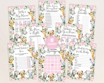 Girl Jungle Baby Shower Games, 8x Pink Floral Safari Printable Games Bundle, Wild Animals Party Games, Instant Digital Downloads, JUN16