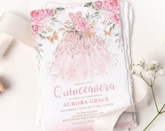 Pink Blush Roses Quinceañera Invitation, Mis Quince 15 Anos Birthday EDITABLE TEMPLATE, Floral Princess Dress Invite Instant Download, FLO10
