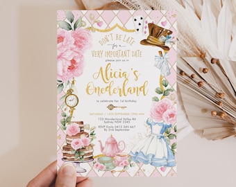 Invitation d&#39;anniversaire d&#39;Alice au pays des merveilles en or rose, Onederland Girl 1st Birthday Invite, Mad Hatter Tea Party EDITABLE Template Download, AL3