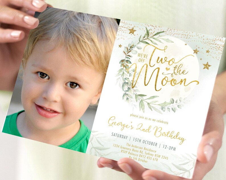 Moon Stars 2nd Birthday Invitation Two the Moon Party Invite Outer Space Greenery Gold Printable EDITABLE TEMPLATE Download