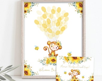 Sunflower Monkey Thumbprint Guestbook, Summer Floral Jungle Monkey Fingerprint Tree Printable Welcome Baby Sign EDITABLE TEMPLATE, MO3