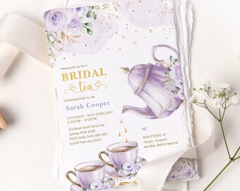 Lavender Bridal Shower Tea Party Invitation Love is Brewing Bridal Brunch Invite Purple Gold Floral Floral Printable Editable Template FLO42