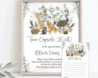 May include: A printable time capsule for a baby boy named Oliver. The design features a watercolor illustration of Australian animals, including a kangaroo, wombat, echidna, and kookaburra. The text reads "Time Capsule 2040 to be opened when Oliver turns..." and includes a space for well-wishers to write messages to Oliver.