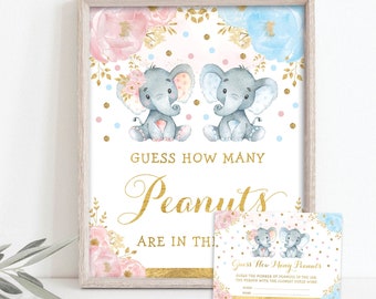 Guess How Many Peanuts, Twin Elephant Baby Shower Game, Gender Reveal Elephant Pink or Blue Floral Printable Game, Instant Download, EL6