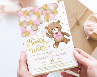 Pink Gold Teddy Bear Baby Shower Invite, We Can Bearly Wait Bear Balloons Baby Girl Invitation Printable, EDITABLE TEMPLATE Download, BR10