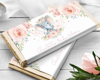 EDITABLE Girl Elephant Chocolate Wrapper / Blush Floral 1st Birthday Candy Bar Label / Elephant Baby Shower Favors Template Download, EL20
