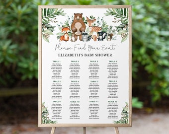 Woodland Animals Seating Chart Template Forest Wild One 1st Birthday Party Seating Plan Printable Rustic Greenery EDITABLE TEMPLATE, WOOD24