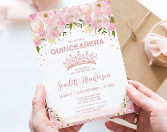 Quinceañera Invitation, Pink Floral Quinceanera Invite, Blush Rose Gold Mis Quince Anos 15th Birthday DIY Printable EDITABLE TEMPLATE, FLO3