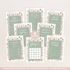 Boho Wildflower Baby Shower Games Printable Sage Green Dusty Pink Floral Baby Shower Games Bundle Instant Digital Downloads, FLO32