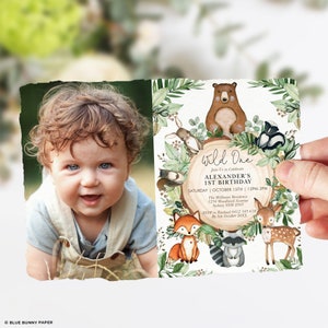 Woodland 1e verjaardag uitnodiging groen bos partij uitnodigen baby dieren afdrukbare Wild één foto uitnodigen BEWERKBARE SJABLOON downloaden WOOD24