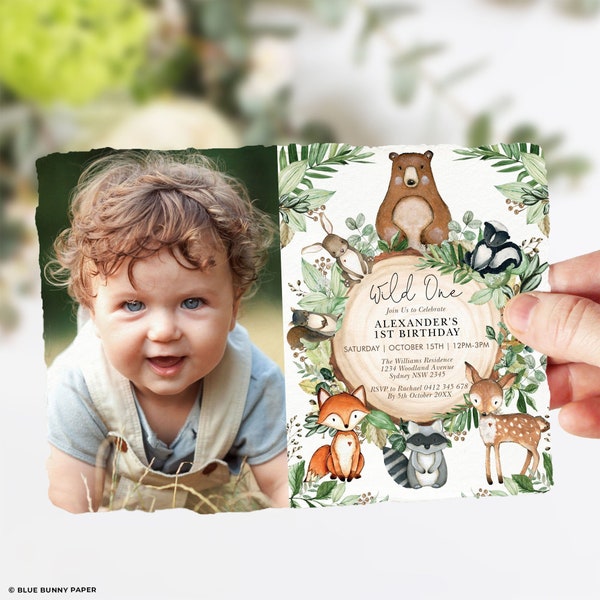 Woodland 1st Birthday Invitation Greenery Forest Party Invite Baby Animals Printable Wild One Photo Invite EDITABLE TEMPLATE Download WOOD24