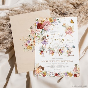 May include: A white invitation card with a floral design and gold lettering. The text reads "Our Little Fairy is Turning Five" and includes details for a birthday party. The card features a watercolor illustration of fairies and flowers.