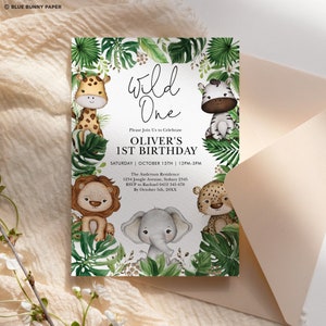 Wild One 1st Birthday Invitation, Jungle Safari Animals Party Invite, Tropical Greenery Leaves Boys Printable EDITABLE TEMPLATE, SAF9