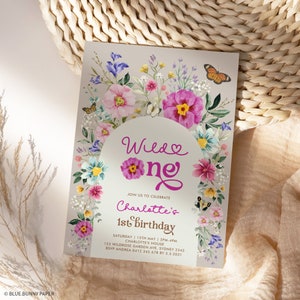 Modèle d'Invitation 1er anniversaire floral sauvage modifiable, invitation de fête Boho fleurs sauvages pour bébé fille, téléchargement immédiat Corjl imprimable, WF5