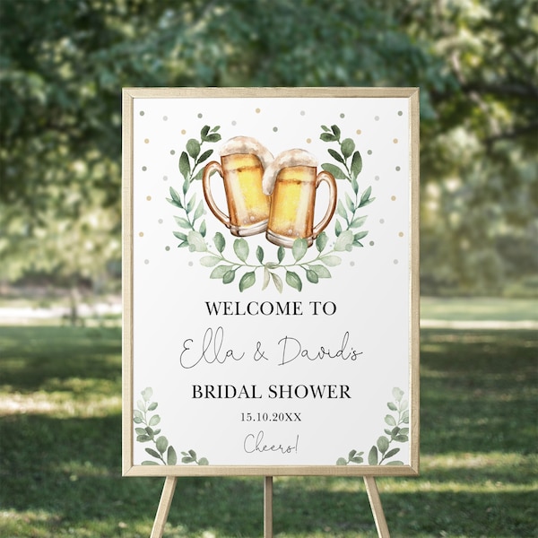 Love is Brewing Welcome Sign, Beer Bridal Shower, Greenery Beers and Cheers Couples Wedding Shower EDITABLE TEMPLATE Download, OKT1