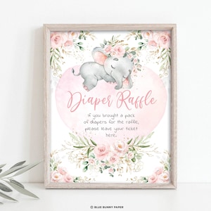 Ragazza elefante pannolino lotteria segno, rosa blush floreale Baby Shower stampabile, giungla elefante Baby Girl decorazioni per feste DOWNLOAD immediato EL17