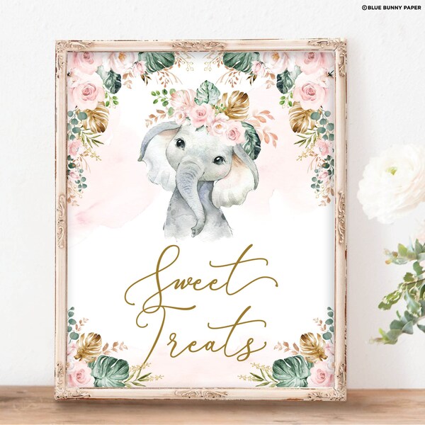 Blush Elephant Sweet Treats Sign, Boho Pink Floral Elephant Baby Shower Decorations, 1st Birthday Party Sign Wild One INSTANT DOWNLOAD, EL1