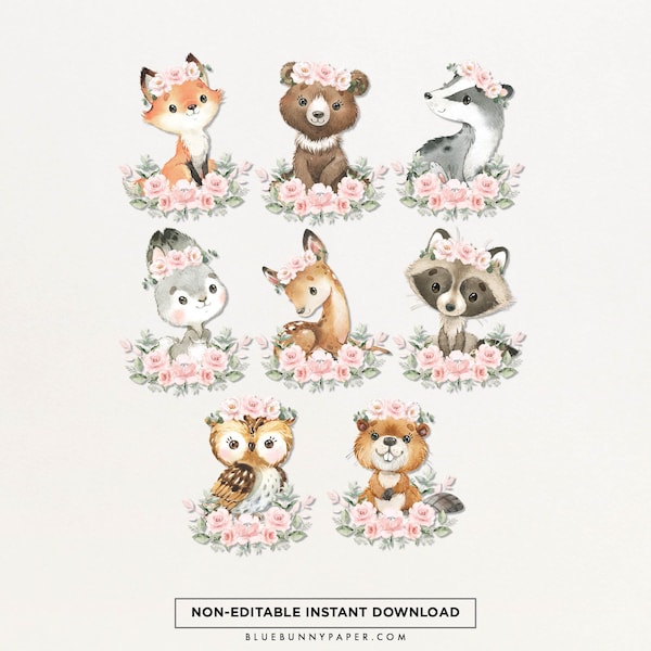 Centrotavola per ragazza nel bosco 8x Animali della foresta Baby Shower Decorazioni Rosa Floreale Wild One 1o Compleanno Decor DOWNLOAD DIGITALE istantaneo PER6