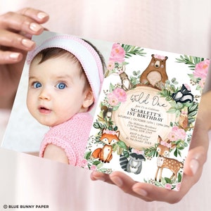 Girl Woodland Birthday Invitation, Pink Floral Forest Animals Party Invite, Woodland Printable, EDITABLE TEMPLATE Instant Download, WOOD25