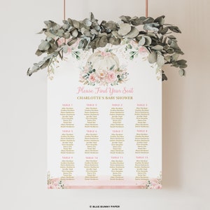 Roze bloemen pompoen zitplaatsen grafiek sjabloon, verliefd baby shower zitplaatsen plan afdrukbare, kleine pompoen verjaardag BEWERKBARE download, PUM5