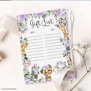 Girl Safari Gift List Carte imprimable Wild One Jungle Animals Baby Shower 1er anniversaire Cadeau Log Purple Blush Floral INSTANT DOWNLOAD JUN18