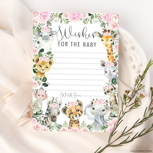 Wünsche für Baby Karte, Mädchen Dschungel Baby Shower Spiel, Rosa Blumen Safari Tiere Baby Sprinkle Printable, Elefant Löwe Giraffe Gepard, JUN16