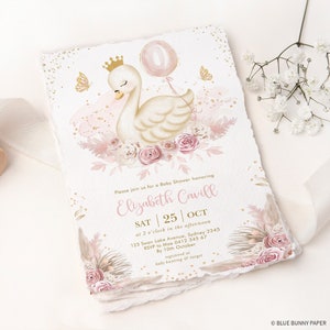 Boho Swan Princess Baby Shower Invitation Template Pink Gold Swan With Balloon Baby Girl Printable EDITABLE Instant Download, SWAN4 image 1