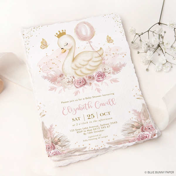 Boho Swan Prinzessin-Baby-Dusche Einladung Vorlage Pink Gold Schwan mit Ballon-Baby-Mädchen druckbare EDITIERBARE Sofortiger Download, SWAN4