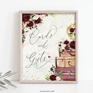 Karten und Geschenke Vintage Travel Bridal Shower Printable, Destination Wedding Party Dekorationen, Burgund Blush Floral Weltkarte Download TRA6