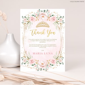 QUINCEAÑERA Dankeschön Karte Bearbeitbare Vorlage Pink Princess Sweet 15 Geburtstag Aquarell Blumen Rose Gold druckbare Sofort Download FLO40