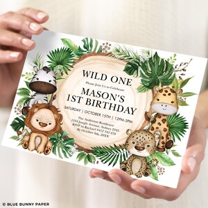 Wild One Birthday Invitation Jungle Safari Animals Party Invite Boy 1st Birthday Tropical Greenery Leaves Printable EDITABLE TEMPLATE, SAF9
